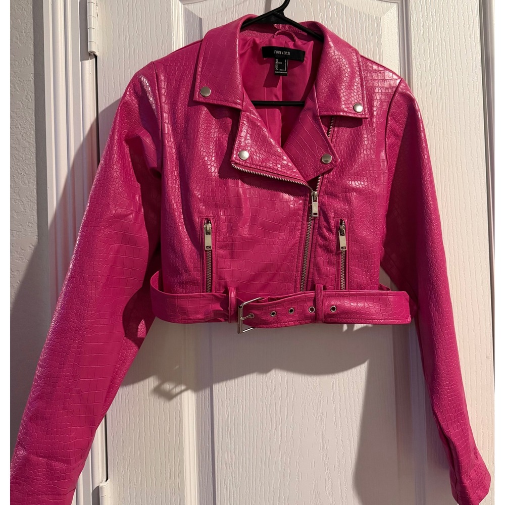 Forever 21 Pink Croc Embossed Faux Leather Cropped Moto Biker Jacket Small
